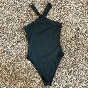 Shein Black Split Neck Ribber Button Closure Bodysuit